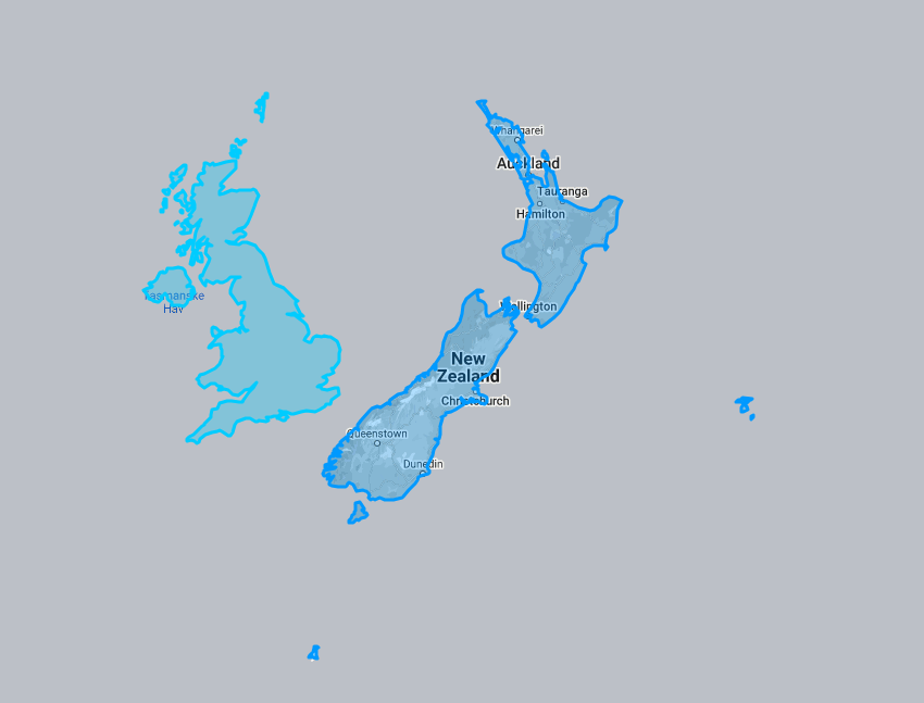 An image of New Zealand compared to the United Kingdom - showing the size difference between the two 