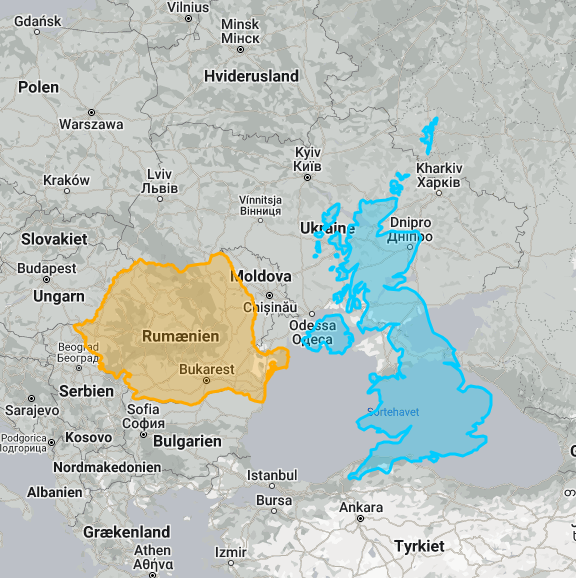 An image of Romania compared to the United Kingdom - showing the size difference between the two