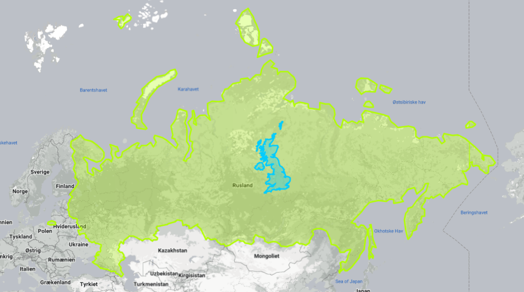 An image of Russia compared to the United Kingdom - showing the size difference between the two